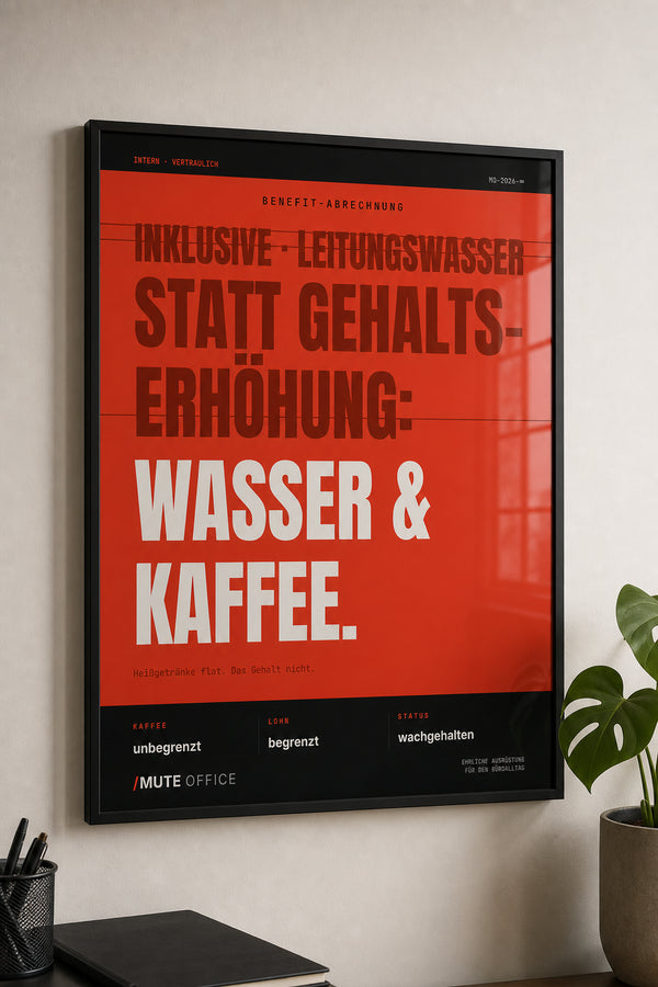 MUTE OFFICE — Hero — Wasser & Kaffee statt Gehaltserhöhung – Büro-Poster mit Rahmen