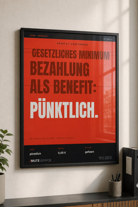 MUTE OFFICE — Hero — Pünktliche Bezahlung als Benefit – Büro-Poster mit Rahmen