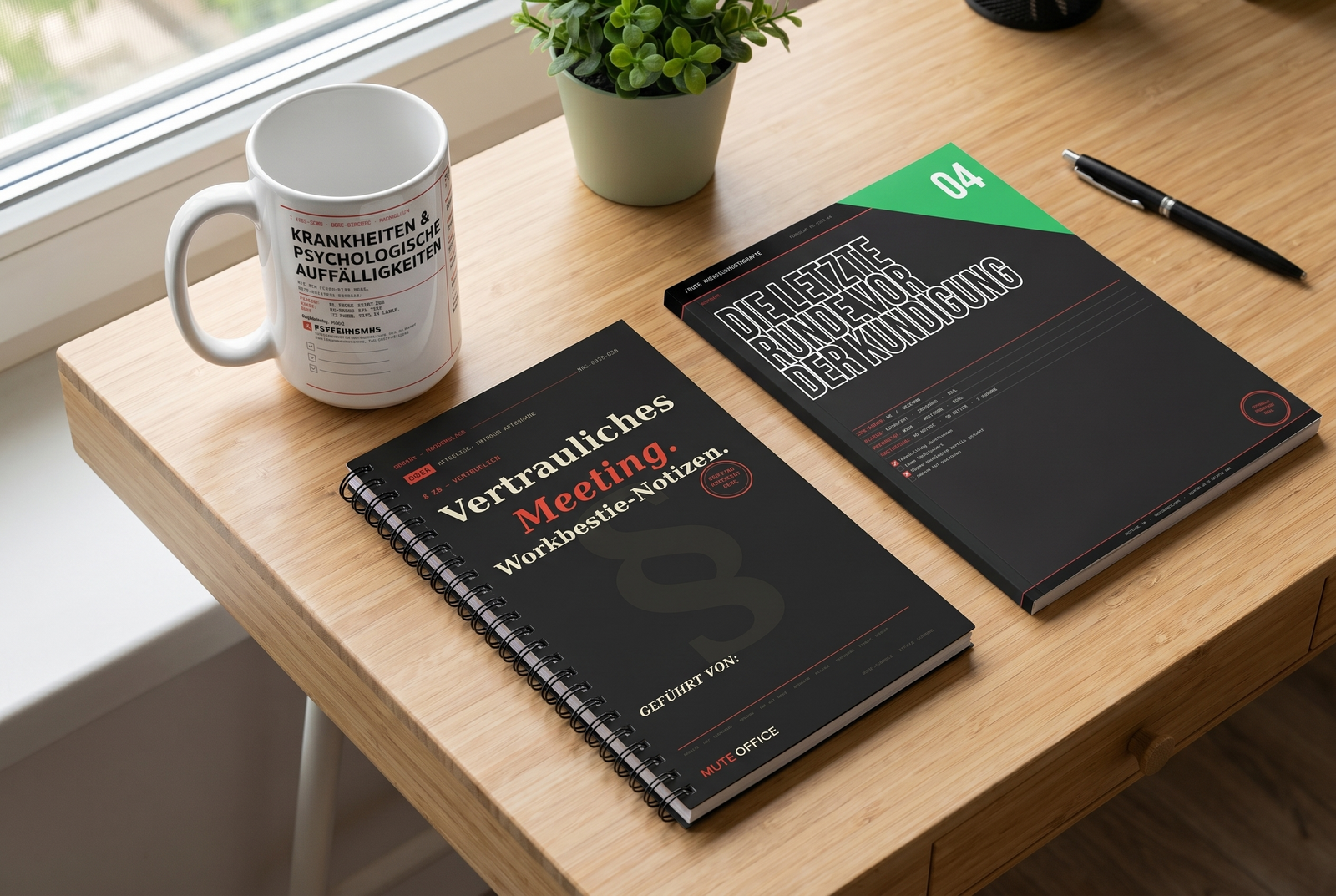 Workbestie-Set: Kaffee, Akte und ein Ventil für die eine Kollegin.