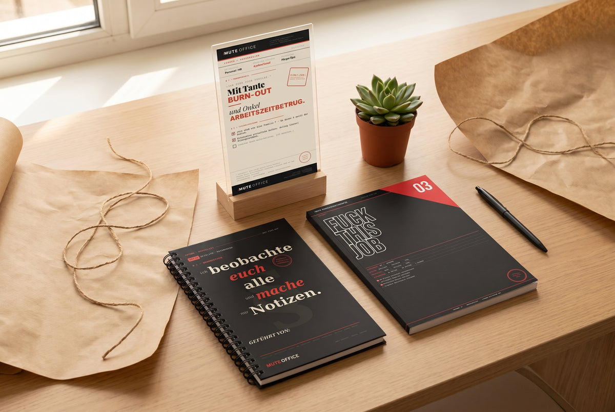 MUTE OFFICE Set – HR-Drama-Starterkit – als Geschenk mit Kraftpapier verpackt