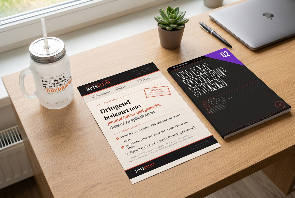 MUTE OFFICE Set – Homeoffice-Set – Daydrinking-Glas, Poster und Malbuch auf dem Schreibtisch