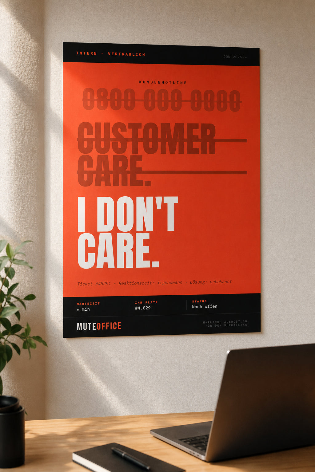 MUTE OFFICE — Homeoffice-Szene — Customer Care. I Don't Care. – Typografie-Poster