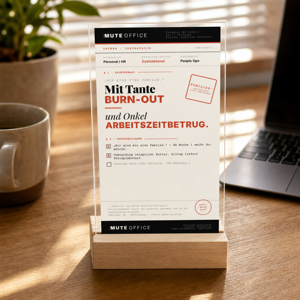 MUTE OFFICE — Homeoffice-Szene — TANTE BURN-OUT · ONKEL ARBEITSZEITBETRUG — Acryl-Aufsteller