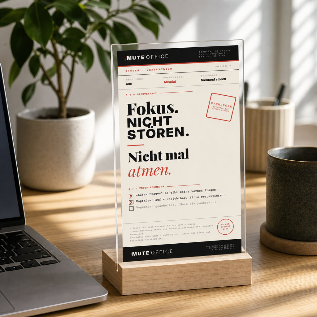 MUTE OFFICE — Homeoffice-Szene — FOKUS · NICHT STÖREN · NICHT MAL ATMEN — Acryl-Aufsteller