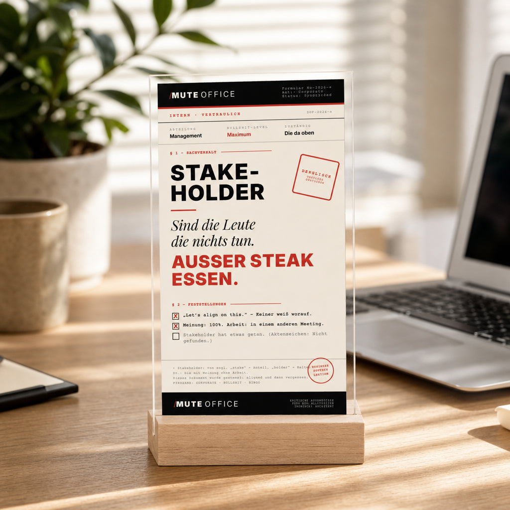 MUTE OFFICE — Homeoffice-Szene — STAKEHOLDER · DIE MIT MEINUNG OHNE ARBEIT — Acryl-Aufsteller