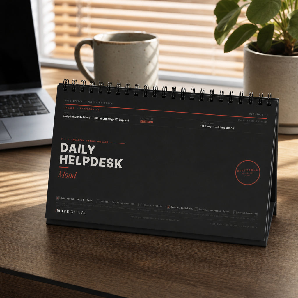 MUTE OFFICE — Homeoffice-Szene — Daily Helpdesk Mood – Flip-Sign Tischaufsteller mit 12 IT-Sprüchen