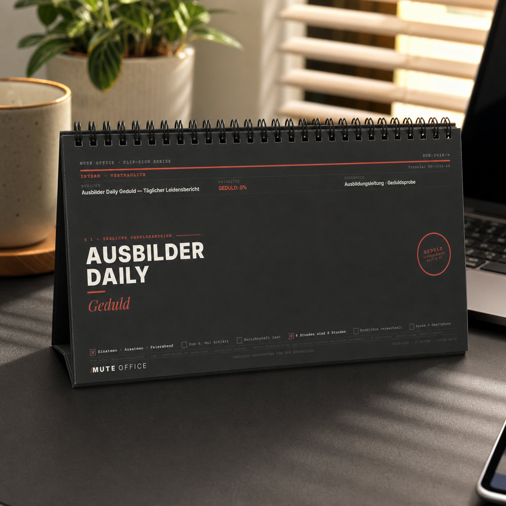 MUTE OFFICE — Homeoffice-Szene — Ausbilder Daily Geduld · Flip-Sign Tischkalender
