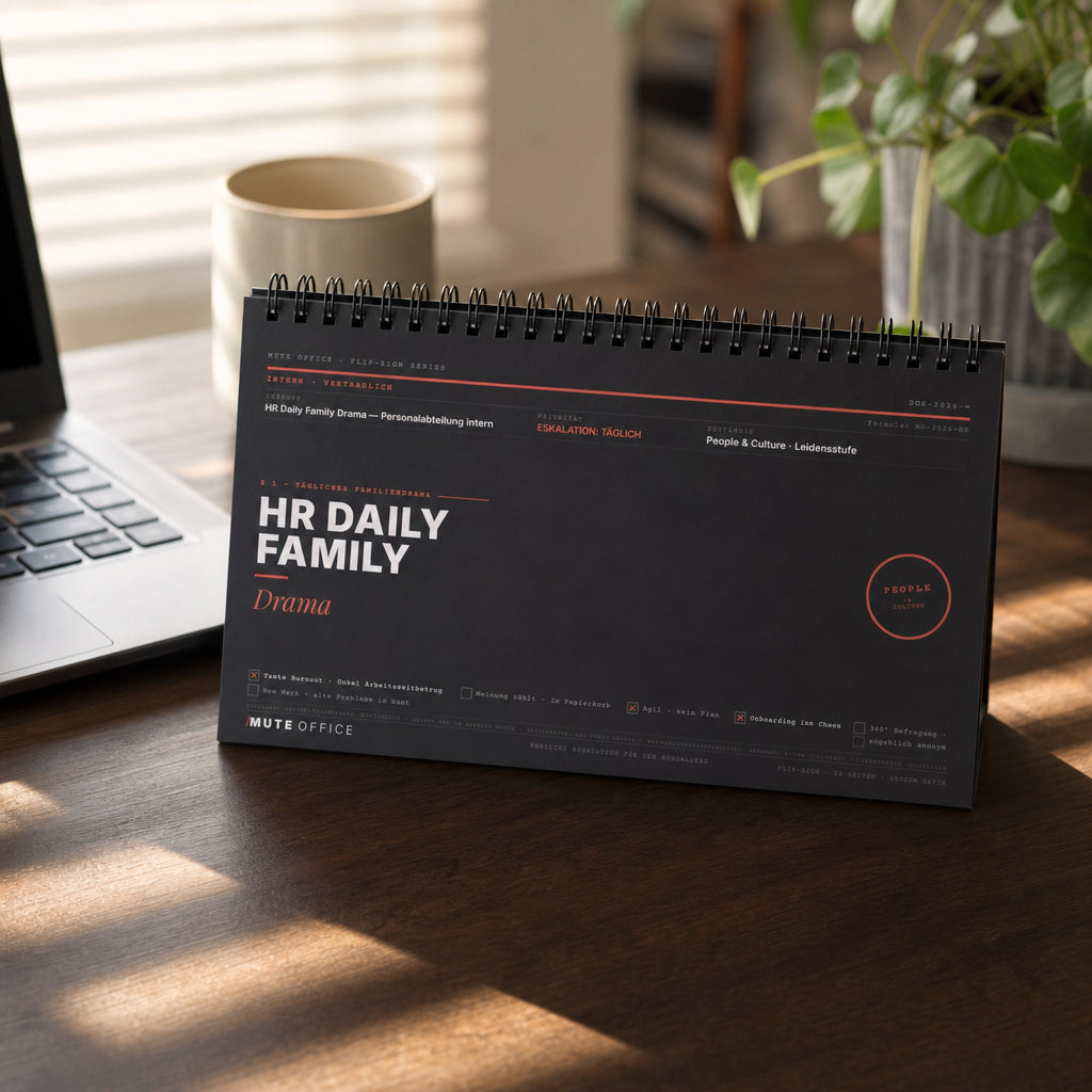 MUTE OFFICE — Homeoffice-Szene — HR Daily Family Drama · Flip-Sign Tischkalender