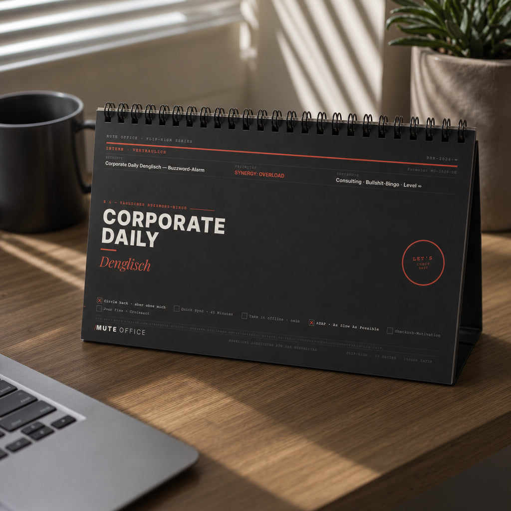 MUTE OFFICE — Homeoffice-Szene — Corporate Daily Denglisch · Flip-Sign Tischkalender