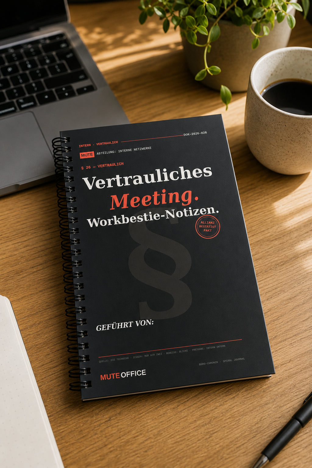 MUTE OFFICE — Homeoffice-Szene — Vertrauliches Meeting. Workbestie-Notizen