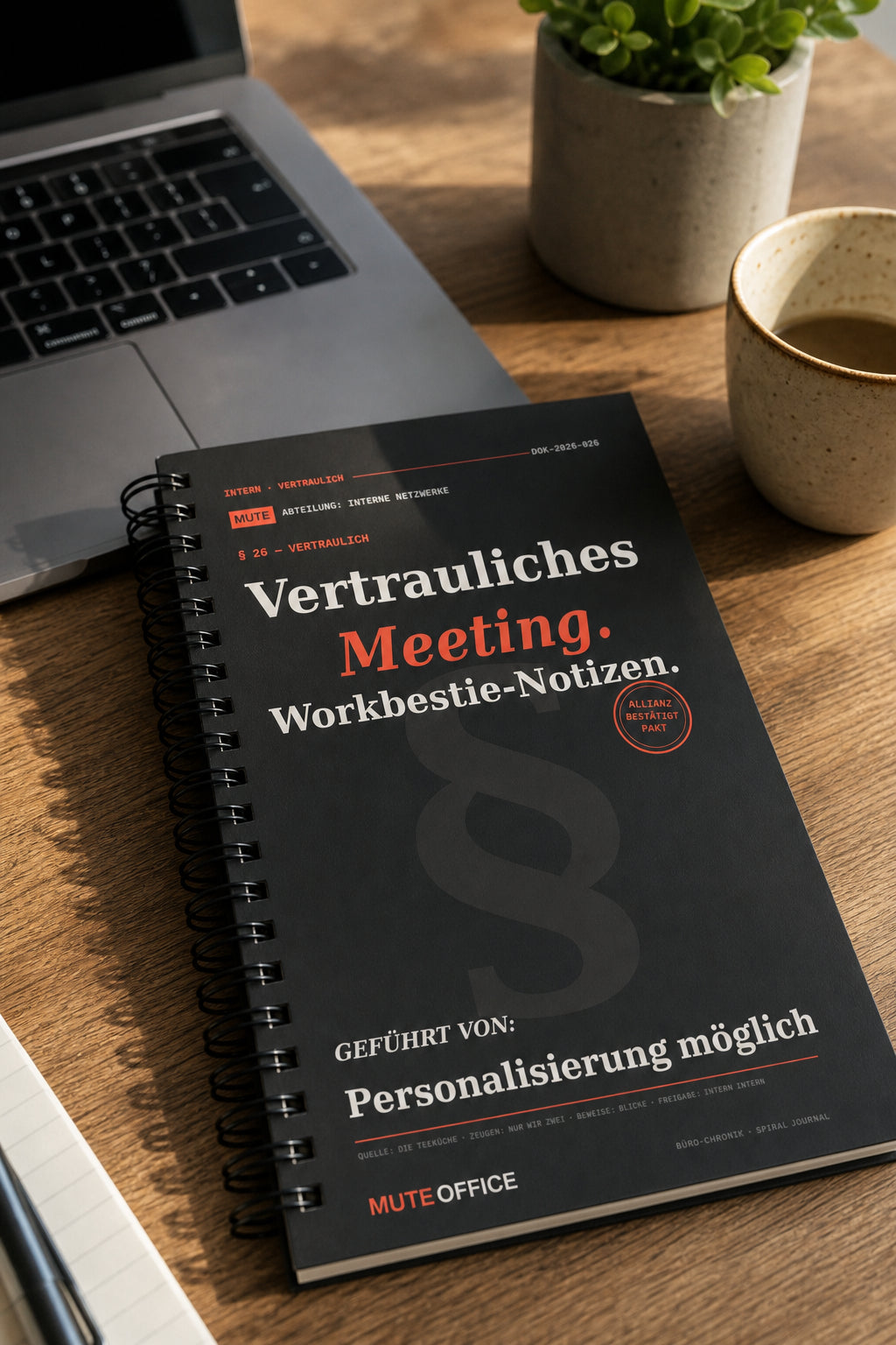 MUTE OFFICE — Homeoffice-Szene — Vertrauliches Meeting. Workbestie-Notizen · Personalisiertes Geschenk