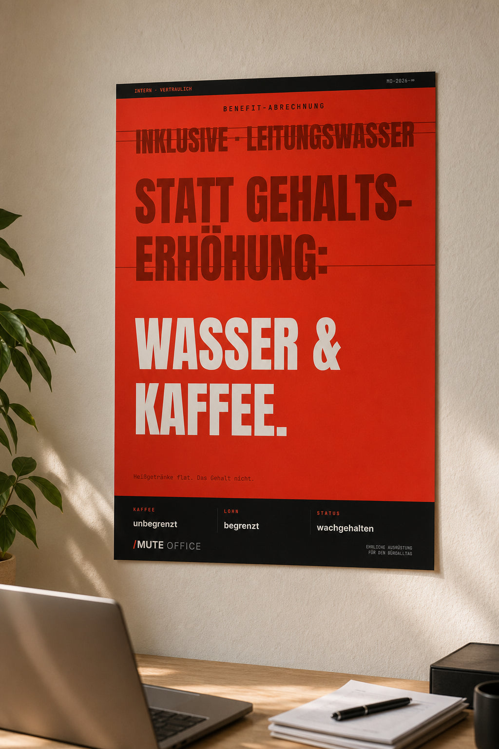 MUTE OFFICE — Homeoffice-Szene — Wasser & Kaffee statt Gehaltserhöhung – Büro-Poster ohne Rahmen