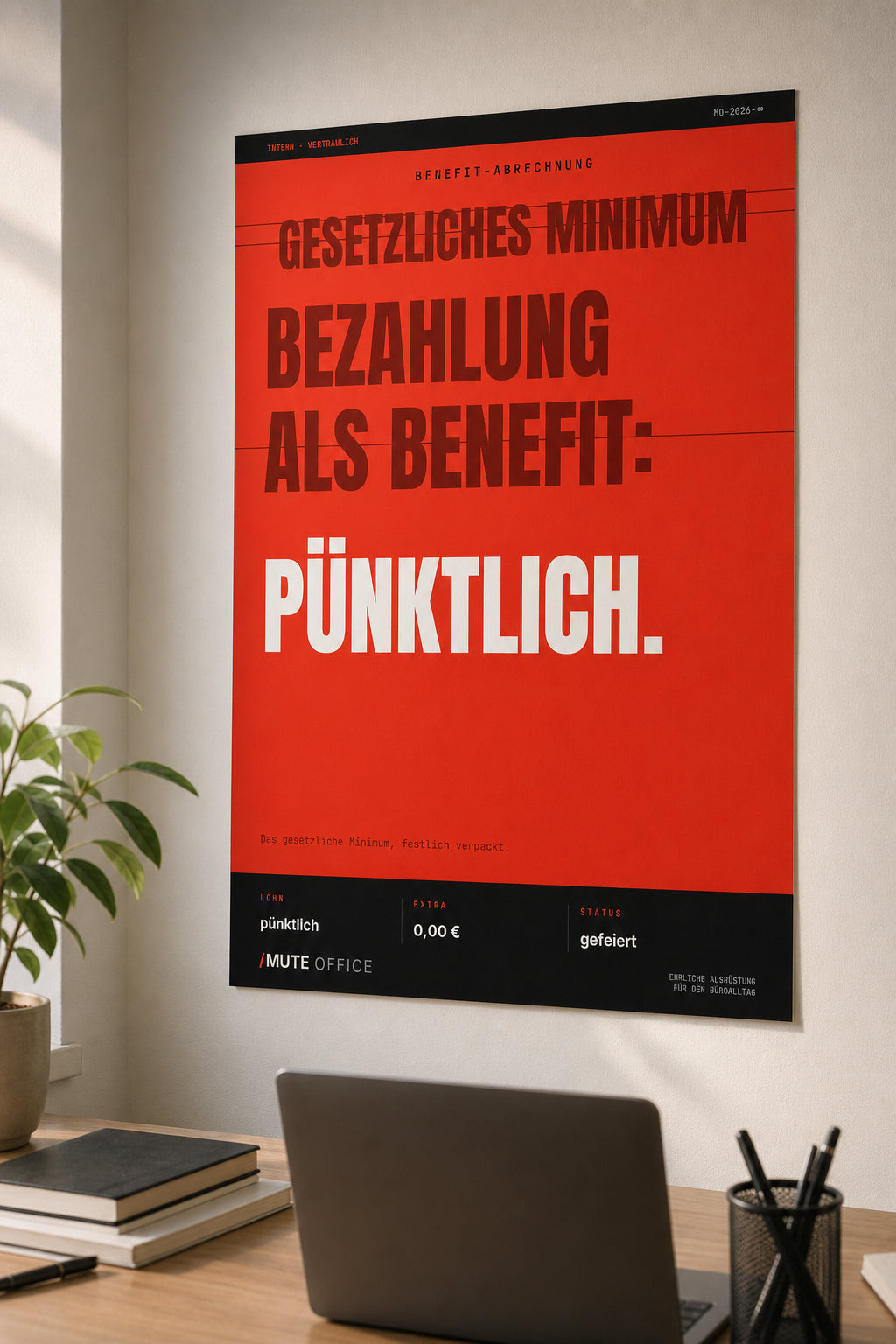 MUTE OFFICE — Homeoffice-Szene — Pünktliche Bezahlung als Benefit – Büro-Poster ohne Rahmen