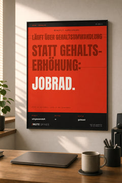 MUTE OFFICE — Homeoffice-Szene — Jobrad statt Gehaltserhöhung – Büro-Poster mit Rahmen — Vorschau 2