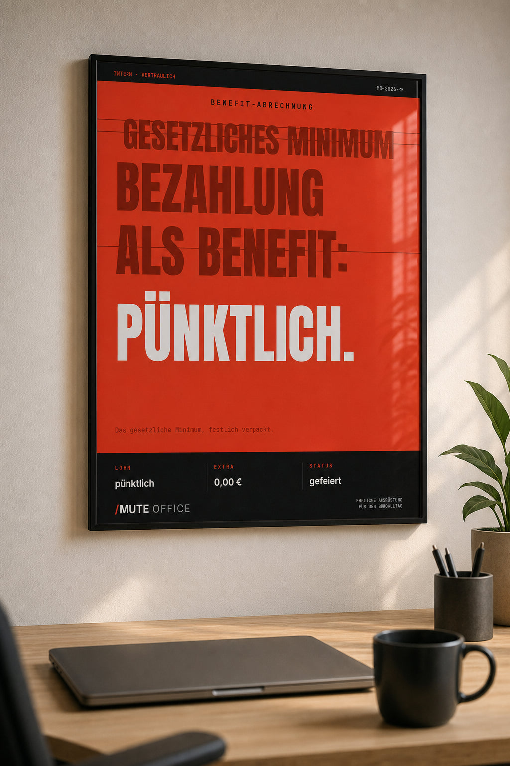 MUTE OFFICE — Homeoffice-Szene — Pünktliche Bezahlung als Benefit – Büro-Poster mit Rahmen