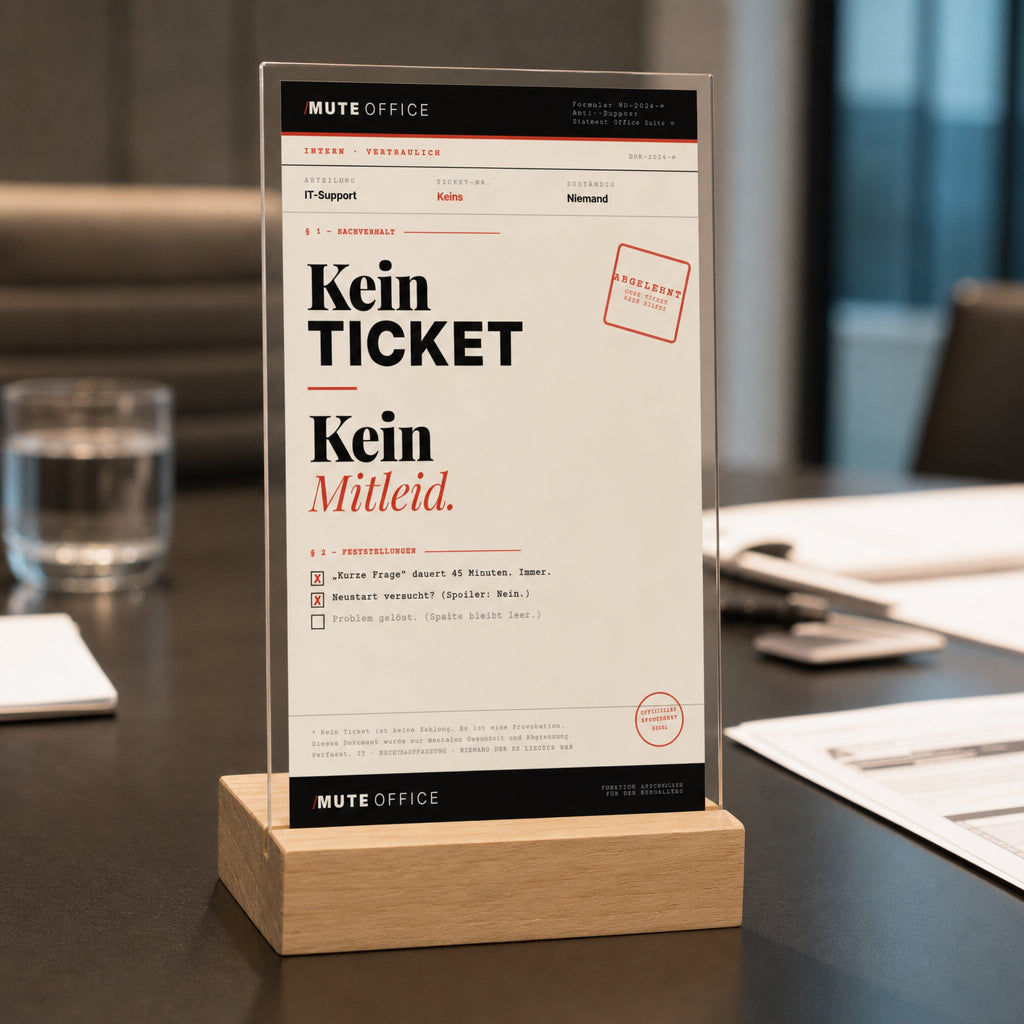 MUTE OFFICE — Meeting-Szene — KEIN TICKET · KEIN MITLEID — Acryl-Aufsteller