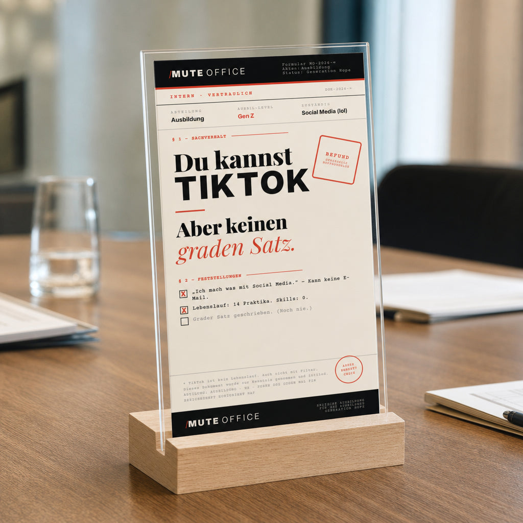 MUTE OFFICE — Meeting-Szene — DU KANNST TIKTOK · KEINEN GRADEN SATZ — Acryl-Aufsteller