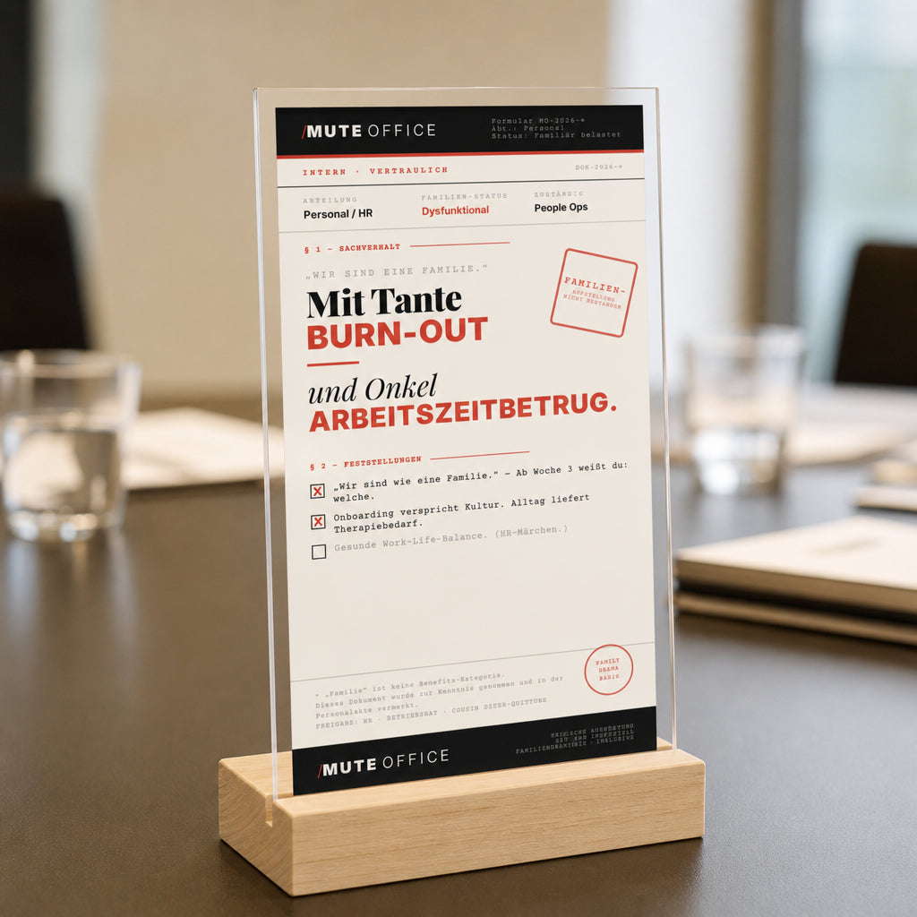 MUTE OFFICE — Meeting-Szene — TANTE BURN-OUT · ONKEL ARBEITSZEITBETRUG — Acryl-Aufsteller