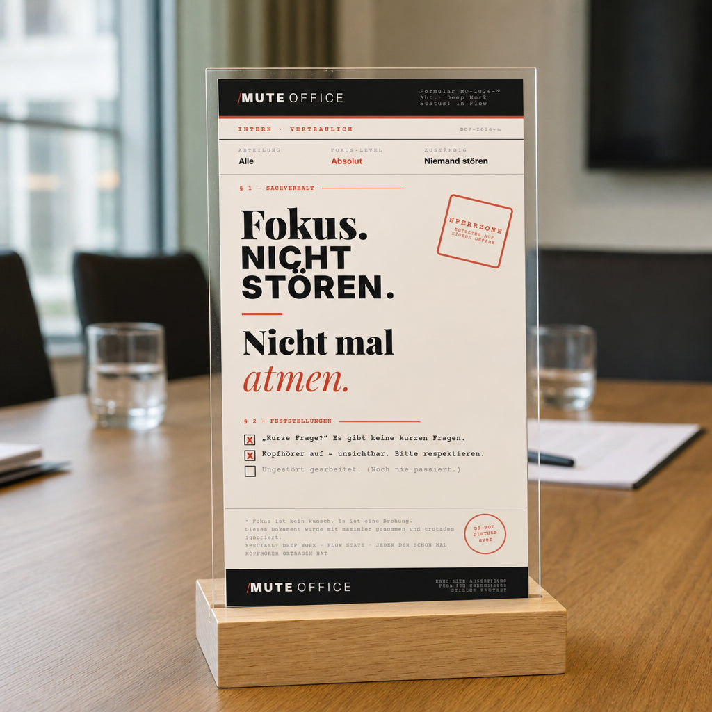 MUTE OFFICE — Meeting-Szene — FOKUS · NICHT STÖREN · NICHT MAL ATMEN — Acryl-Aufsteller
