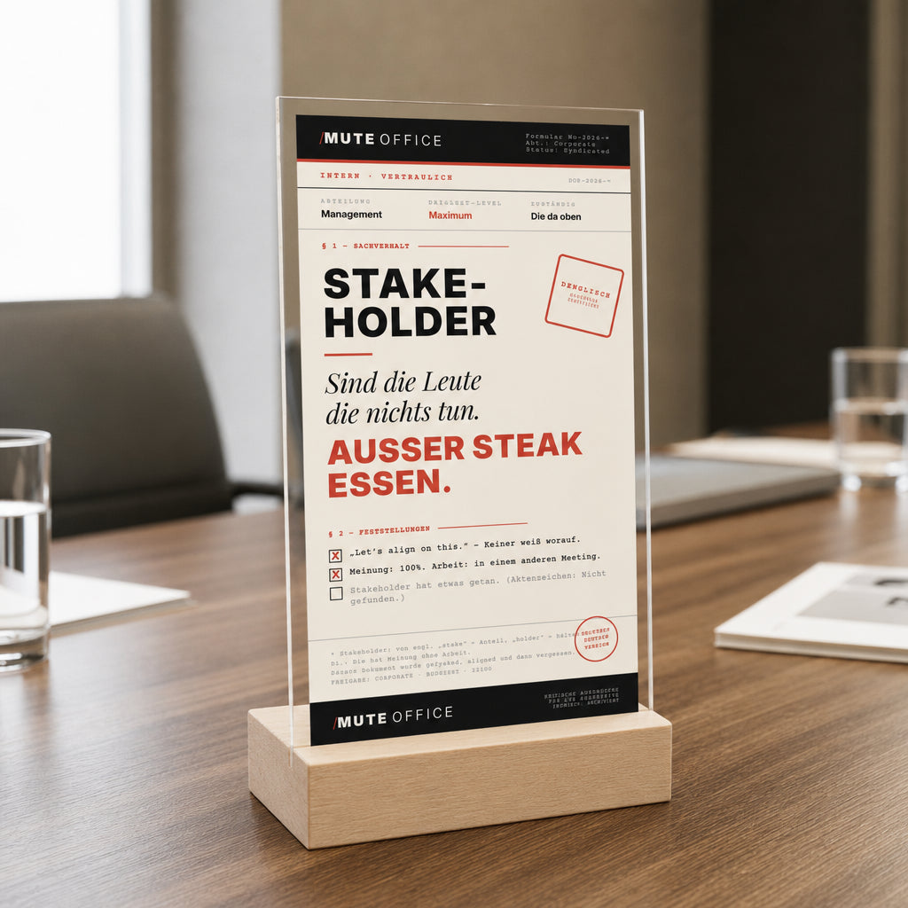 MUTE OFFICE — Meeting-Szene — STAKEHOLDER · DIE MIT MEINUNG OHNE ARBEIT — Acryl-Aufsteller