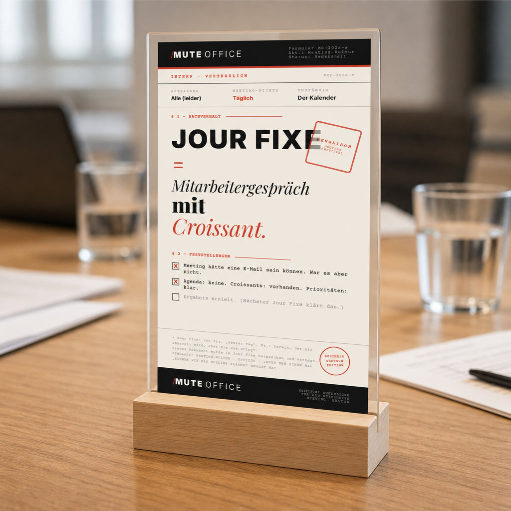MUTE OFFICE — Meeting-Szene — JOUR FIXE = MITARBEITERGESPRÄCH MIT CROISSANT — Acryl-Aufsteller