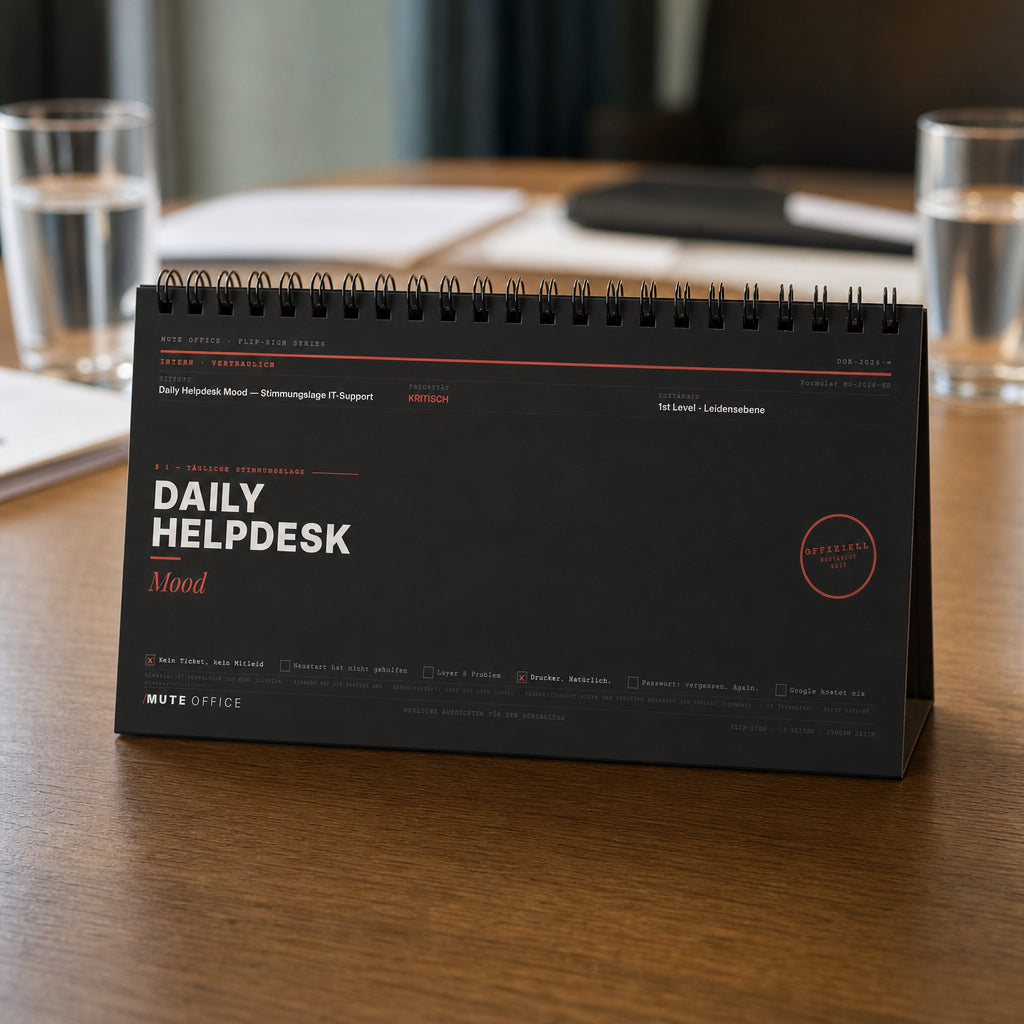 MUTE OFFICE — Meeting-Szene — Daily Helpdesk Mood – Flip-Sign Tischaufsteller mit 12 IT-Sprüchen