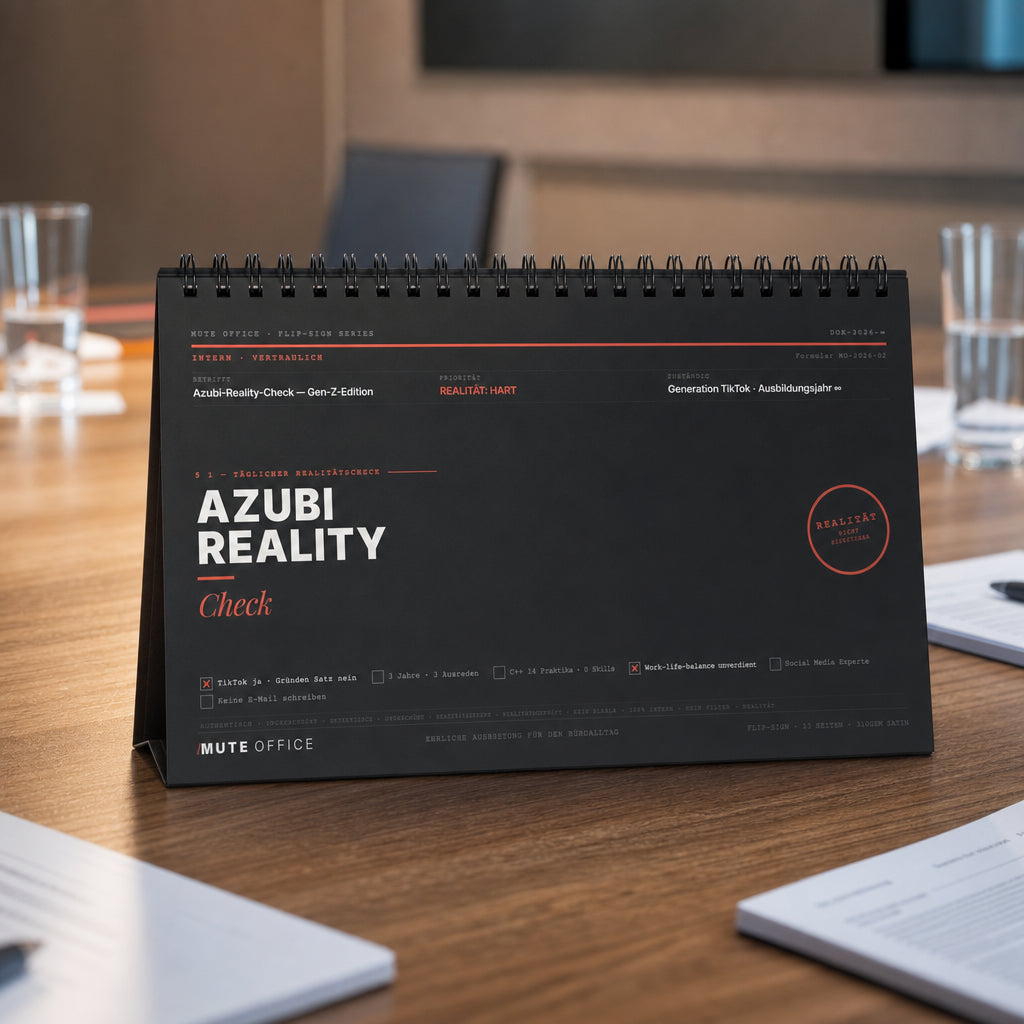 MUTE OFFICE — Meeting-Szene — Azubi-Reality-Check · Flip-Sign Tischkalender