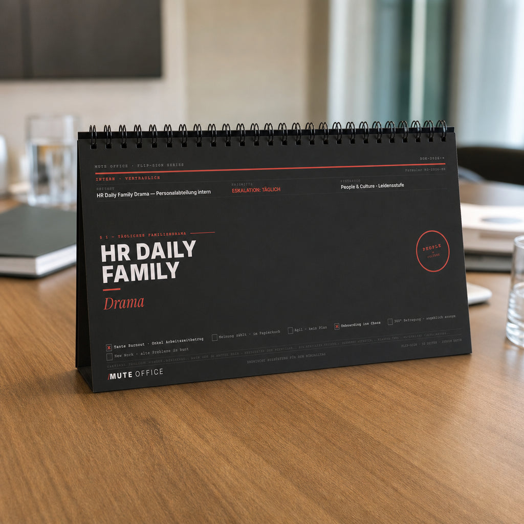 MUTE OFFICE — Meeting-Szene — HR Daily Family Drama · Flip-Sign Tischkalender
