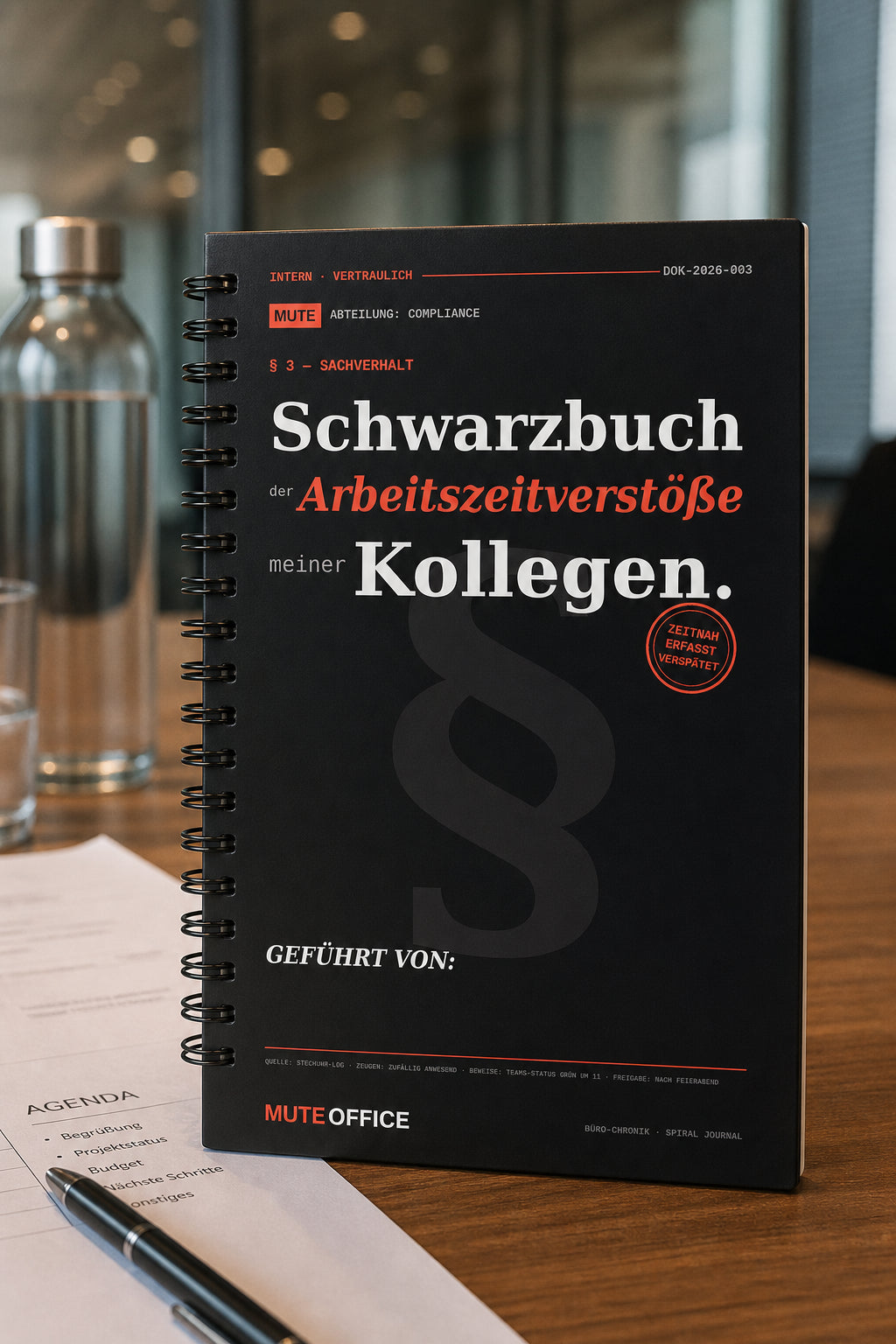 MUTE OFFICE — Meeting-Szene — Schwarzbuch der Arbeitszeitverstöße meiner Kollegen · Personalisiertes Geschenk