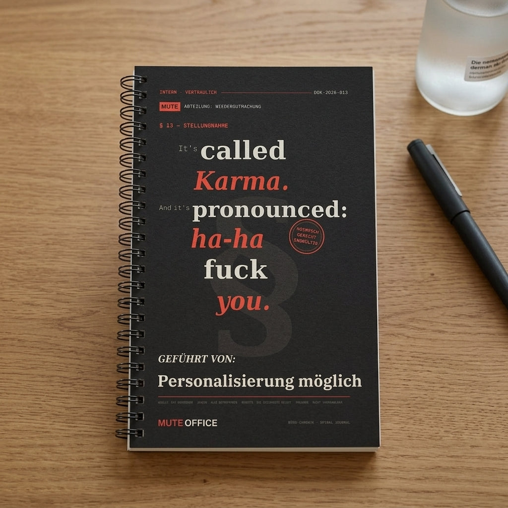 MUTE OFFICE — Meeting-Szene — It's called Karma. And it's pronounced: ha-ha fuck you · Personalisiertes Geschenk