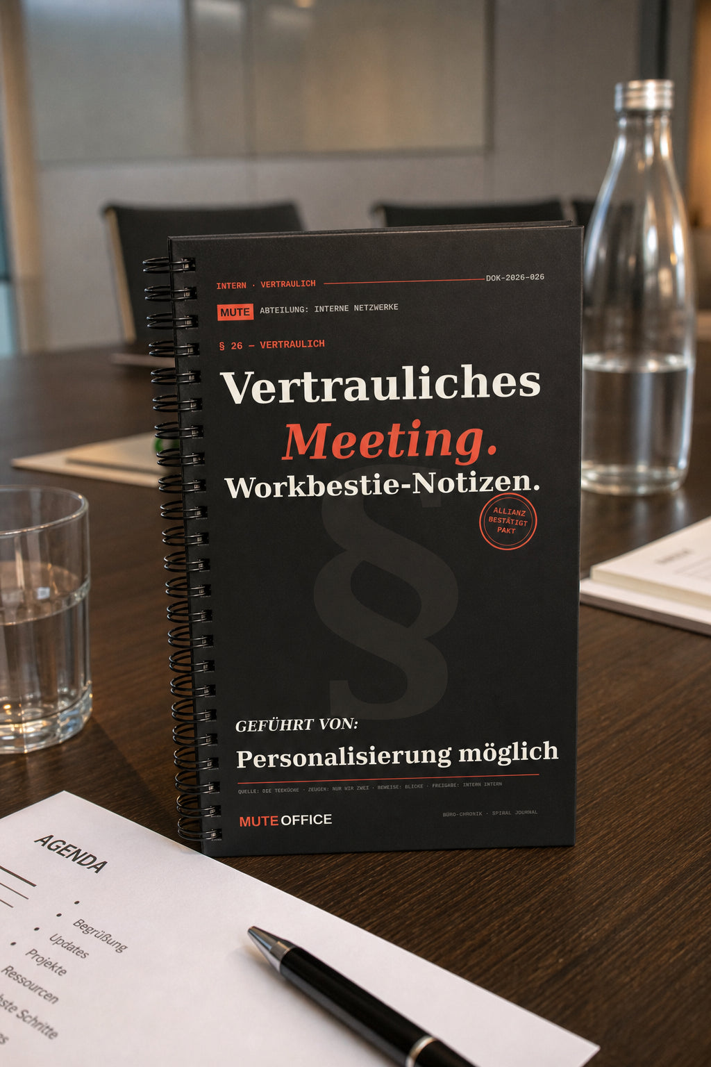 MUTE OFFICE — Meeting-Szene — Vertrauliches Meeting. Workbestie-Notizen · Personalisiertes Geschenk