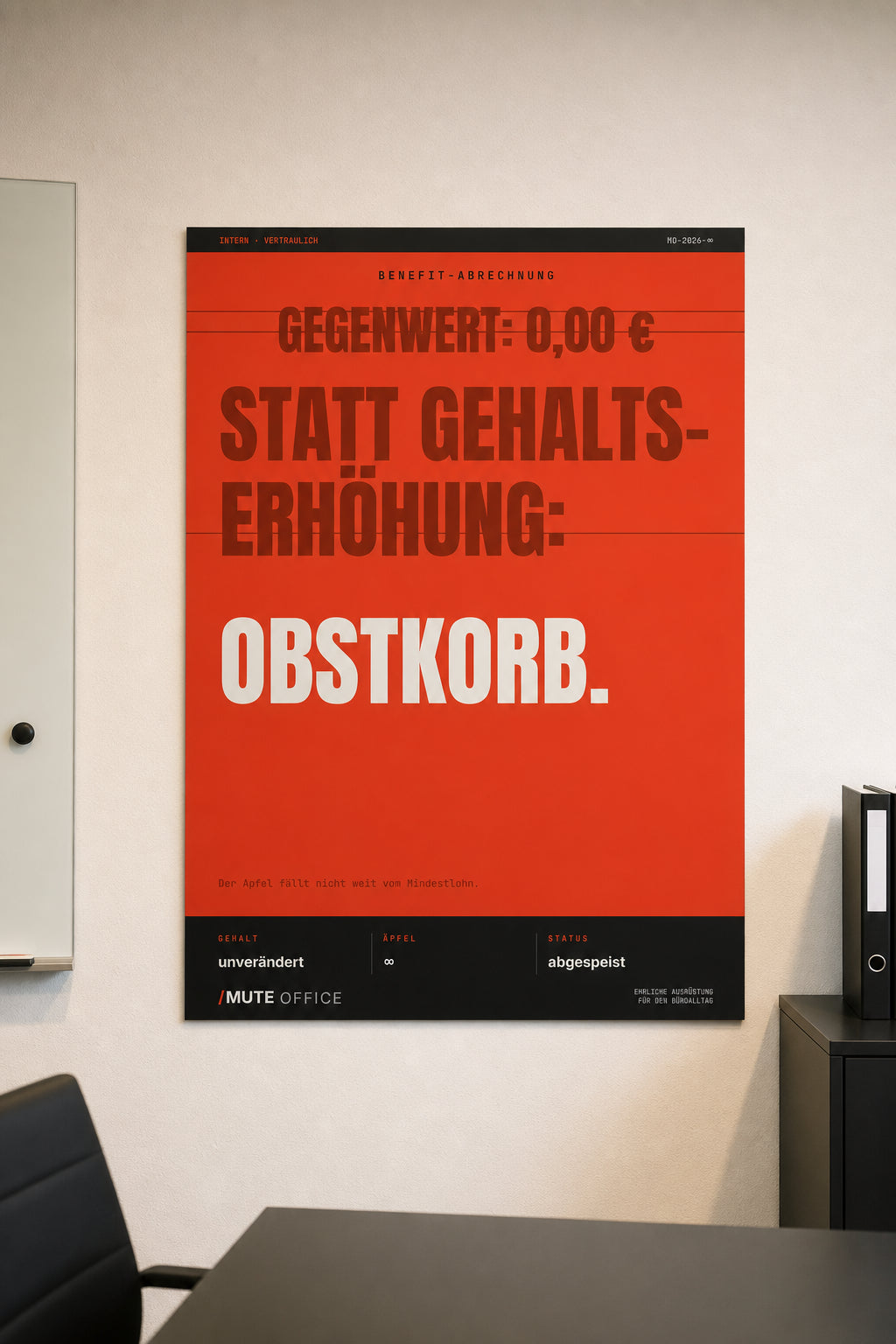 MUTE OFFICE — Meeting-Szene — Obstkorb statt Gehaltserhöhung – Büro-Poster ohne Rahmen