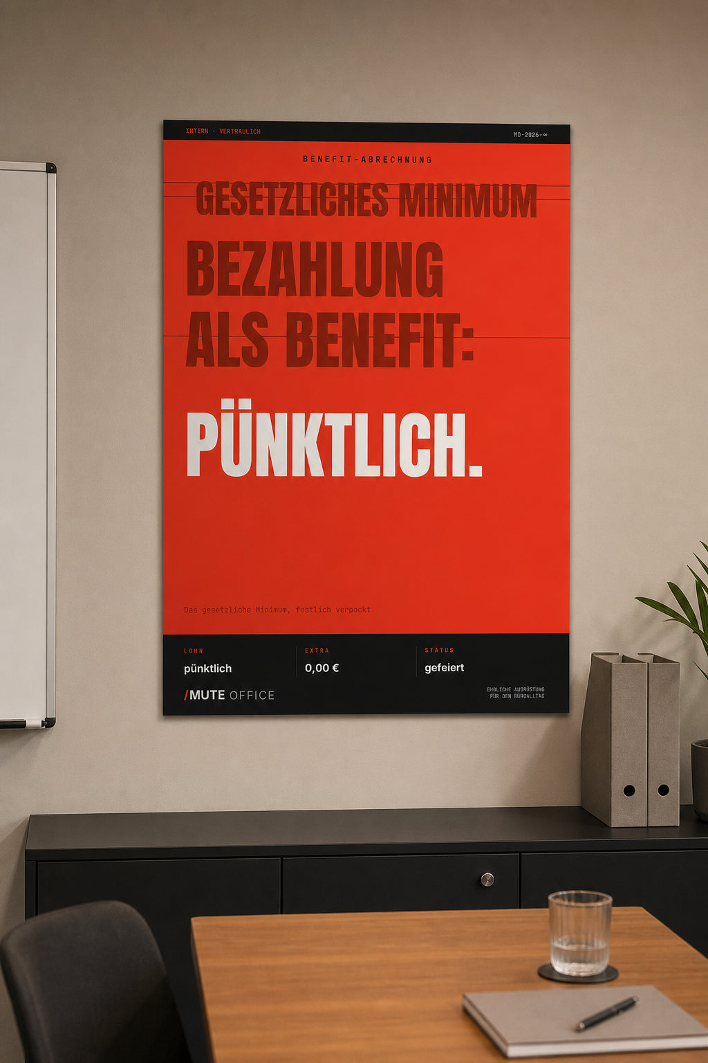 MUTE OFFICE — Meeting-Szene — Pünktliche Bezahlung als Benefit – Büro-Poster ohne Rahmen