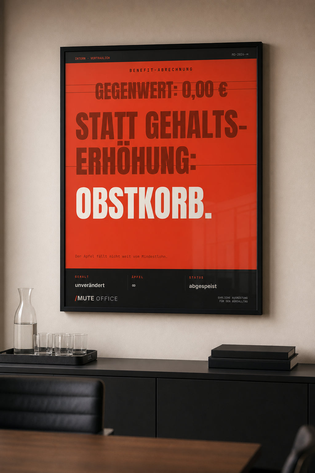 MUTE OFFICE — Meeting-Szene — Obstkorb statt Gehaltserhöhung – Büro-Poster mit Rahmen