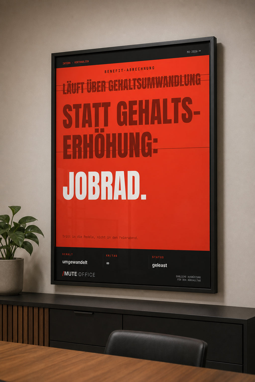 MUTE OFFICE — Meeting-Szene — Jobrad statt Gehaltserhöhung – Büro-Poster mit Rahmen