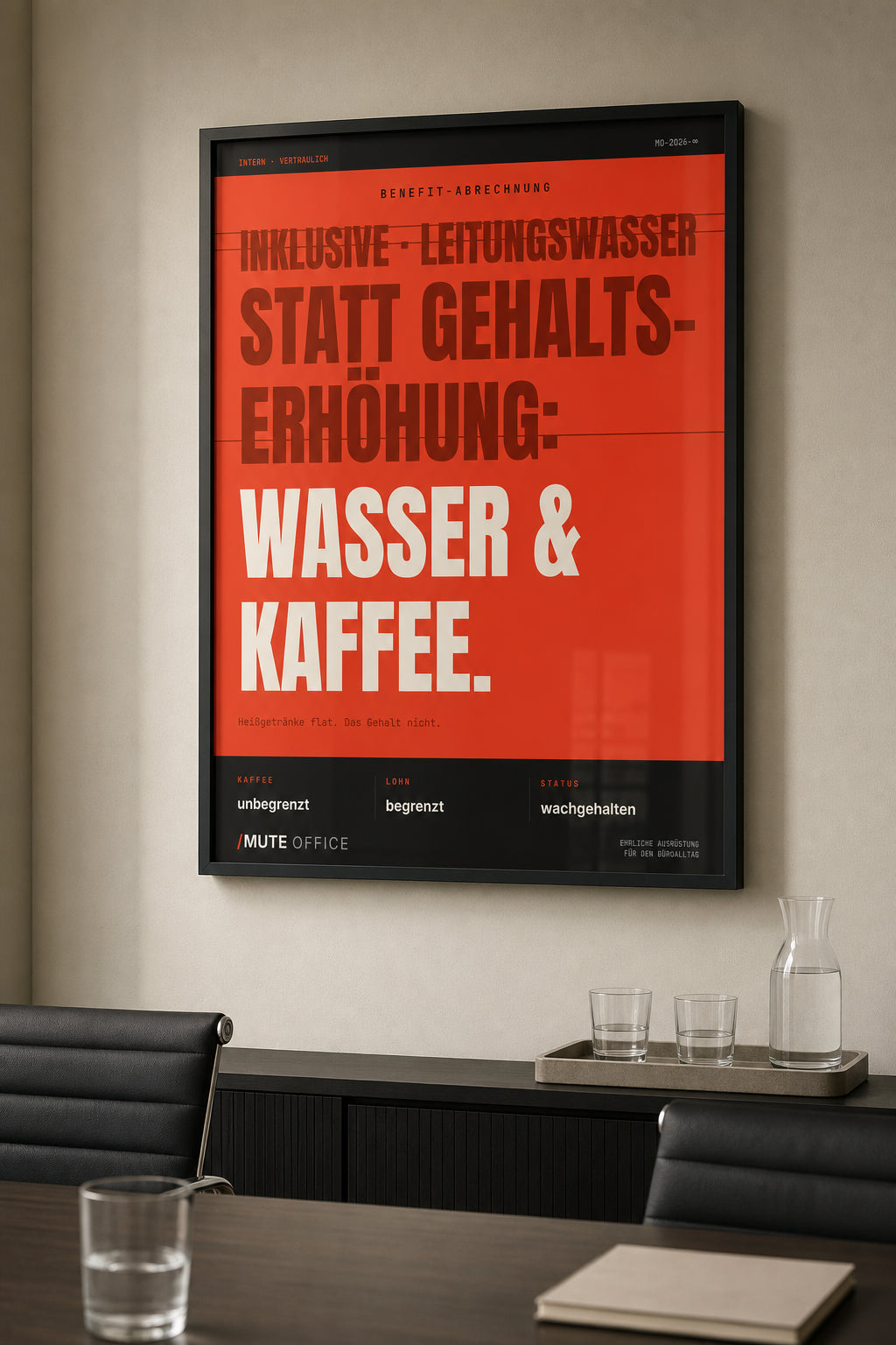 MUTE OFFICE — Meeting-Szene — Wasser & Kaffee statt Gehaltserhöhung – Büro-Poster mit Rahmen