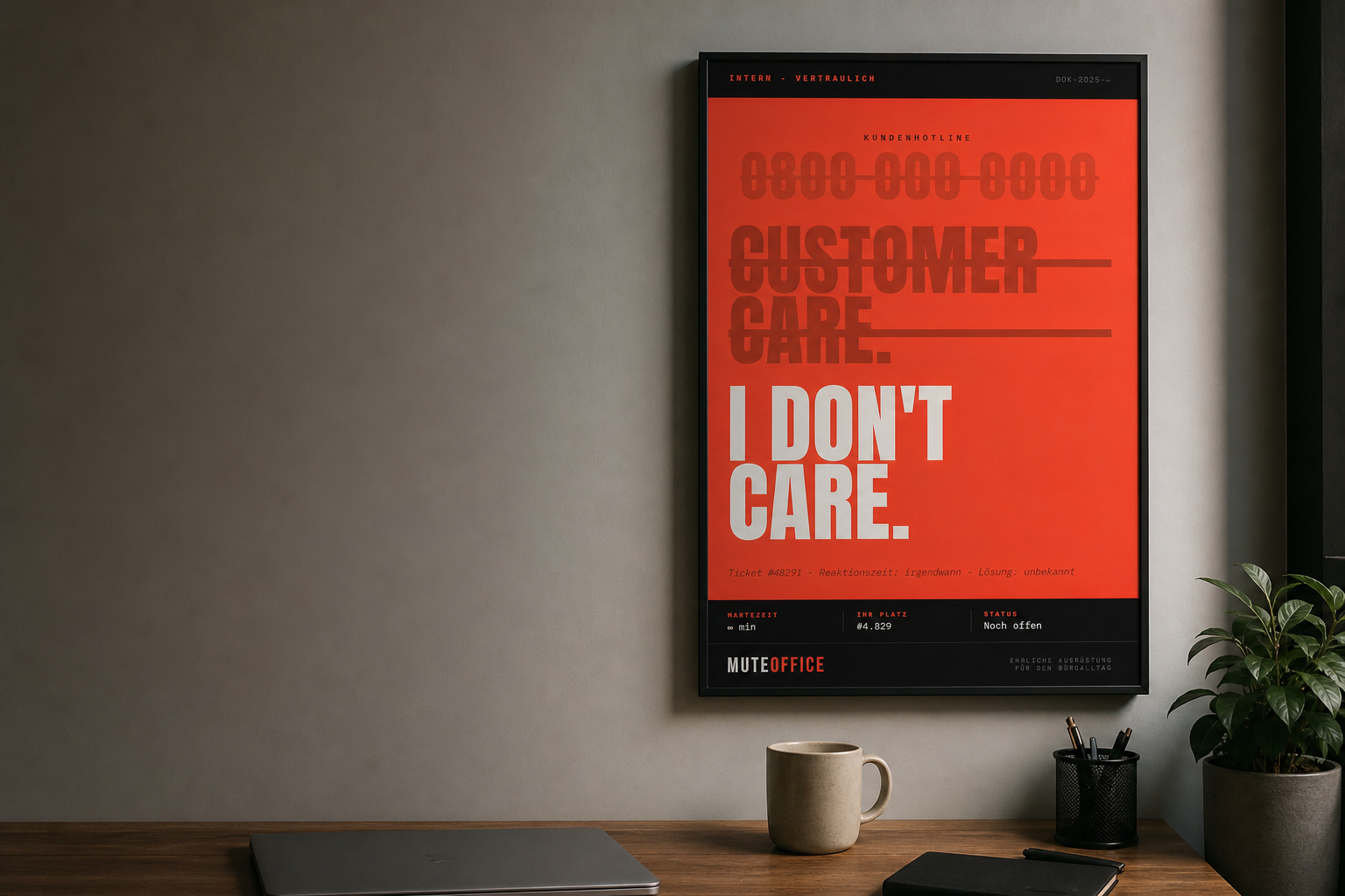 MUTE OFFICE — Poster „Customer Care. I Don't Care.“ als gerahmtes Wandbild über einem Büro-Schreibtisch