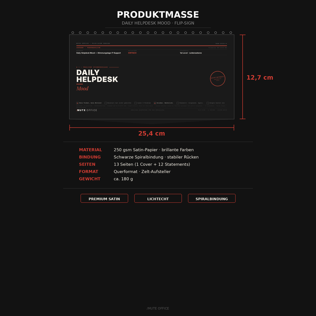MUTE OFFICE Flip-Sign — Corporate Daily Denglisch — Produktmaße und Größenvergleich
