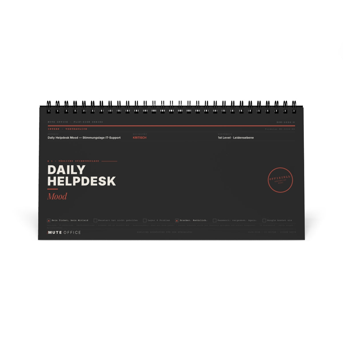 MUTE OFFICE Flip-Sign — Daily Helpdesk Mood — Cover Frontansicht