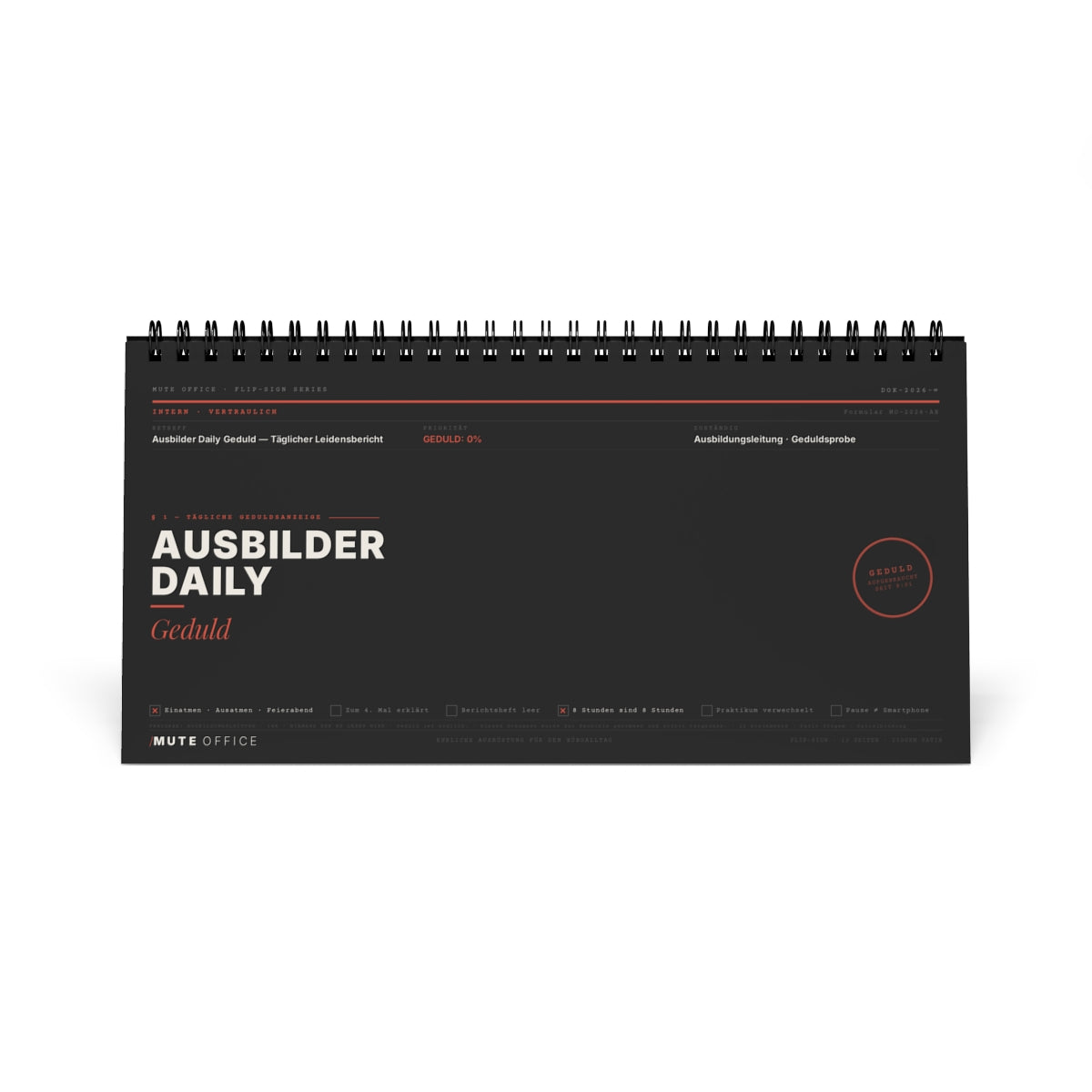 MUTE OFFICE Flip-Sign — Ausbilder Daily Geduld — Cover Frontansicht