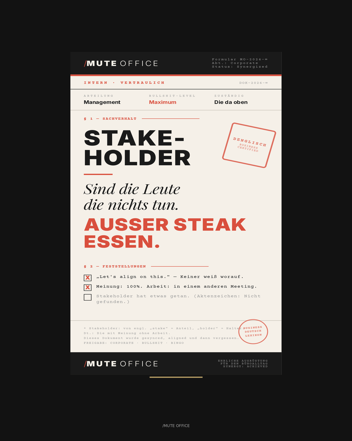 MUTE OFFICE Aufsteller — Stakeholder Steak Essen — Druckdesign